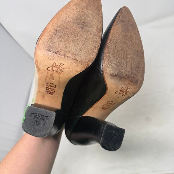 John Fluevog Kendra Pointed Toe Leather Heels Black Beige Leather Size 8 - Picture 10 of 15
